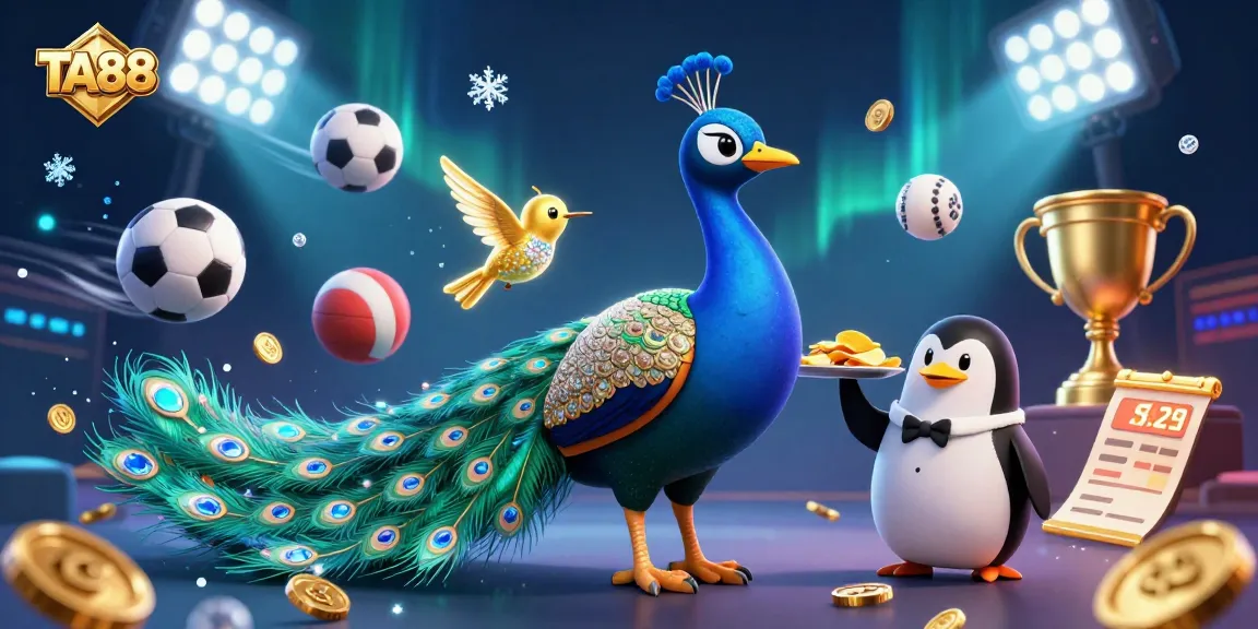 Engaging TA88 casino scene featuring a peacock, butler penguin, and sports elements