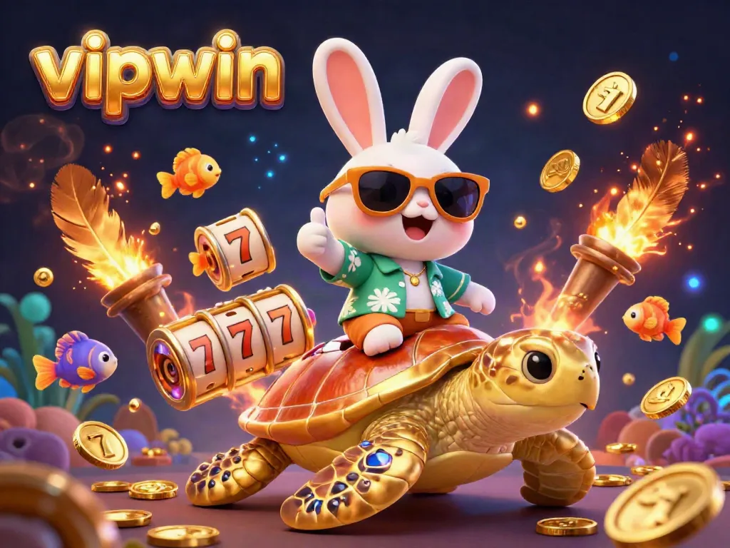 Join the fun at vipwin with a lucky rabbit and gold turtle in a vibrant casino scene!