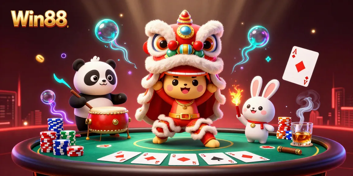 Win88 casino scene showcasing festive characters and vibrant poker elements in action.