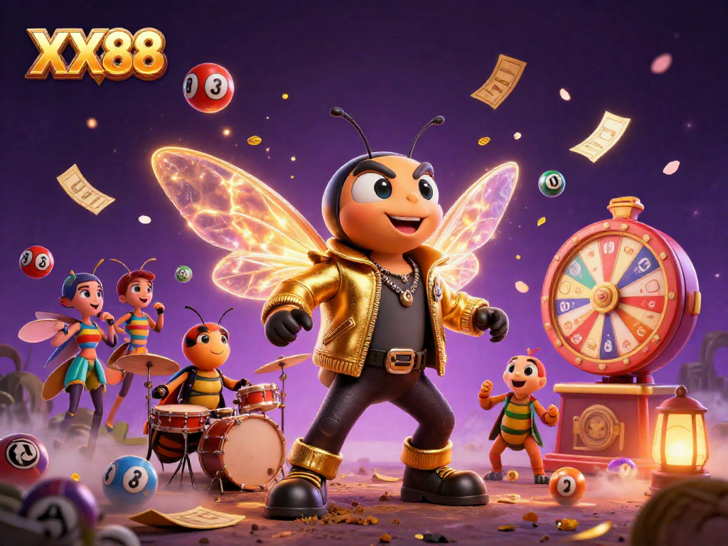 Experience the excitement of XX88 with a vibrant casino scene featuring a cicada rock star and colorful lottery elements.