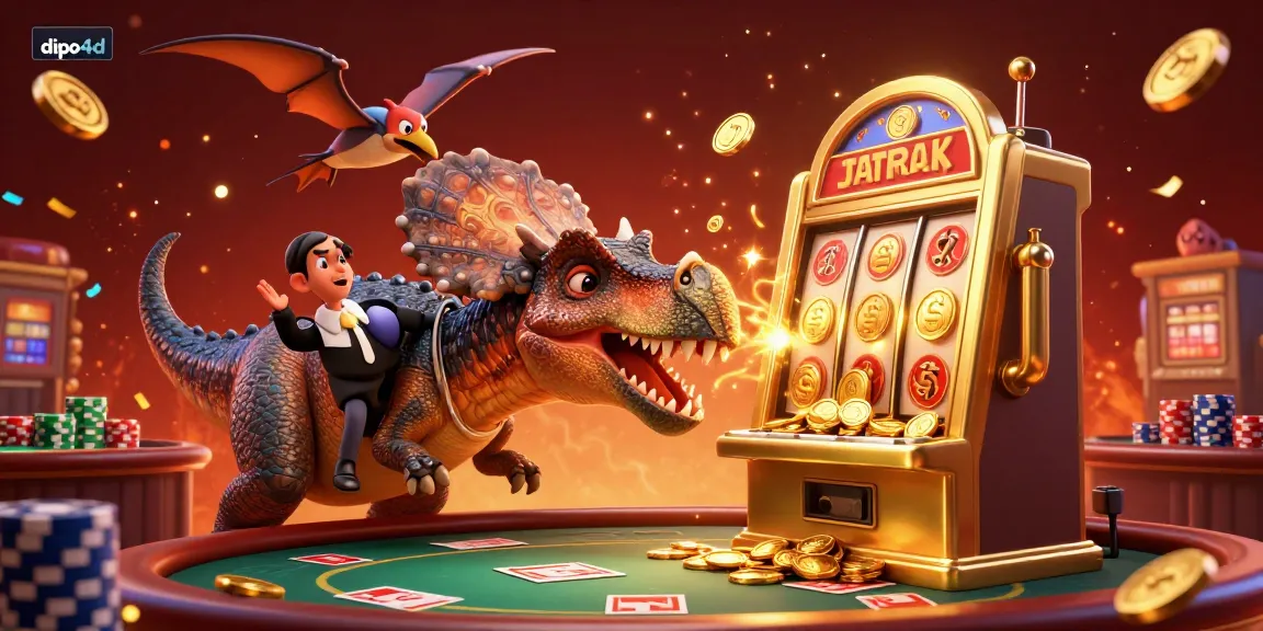 DIPO4D casino scene with a dinosaur winning jackpot coins from a slot machine, enhancing gambling excitement.