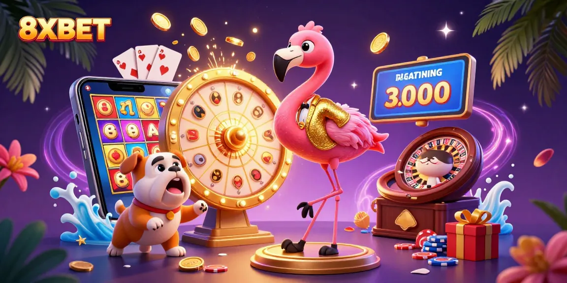 8XBET engages players with a lively casino atmosphere featuring a flamingo host, bulldog contestant, and prize wheel.