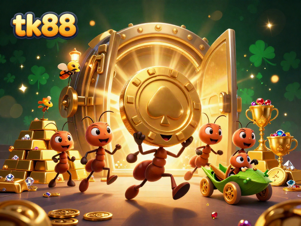 Engaging tk88 gambling scene with playful ants heisting a giant poker chip.