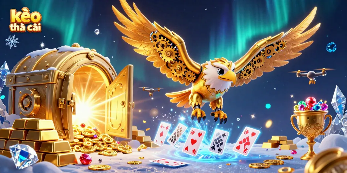 Experience the thrill with kèo nhà cái as cybernetic eagles dive through glowing cards and treasures.