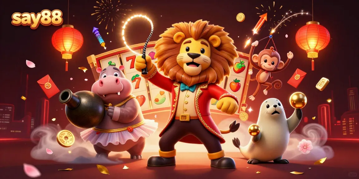 Experience thrilling wins at say88 with a dynamic casino scene featuring vibrant 3D characters and gaming elements.