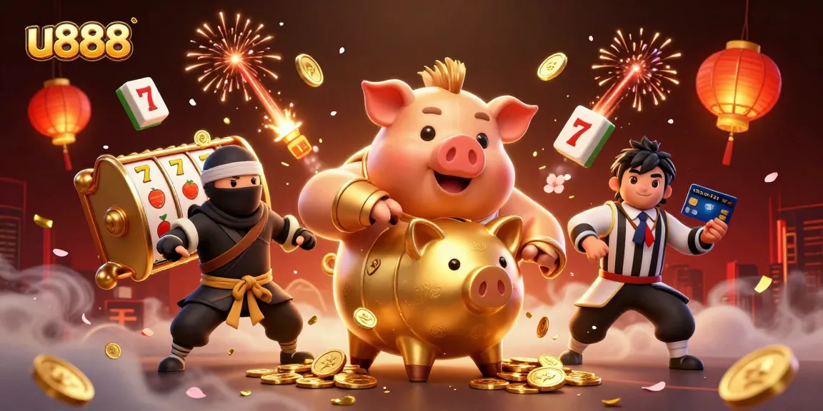 Experience thrilling gameplay with u888's vibrant piggy bank sumo wrestler amidst golden winnings.