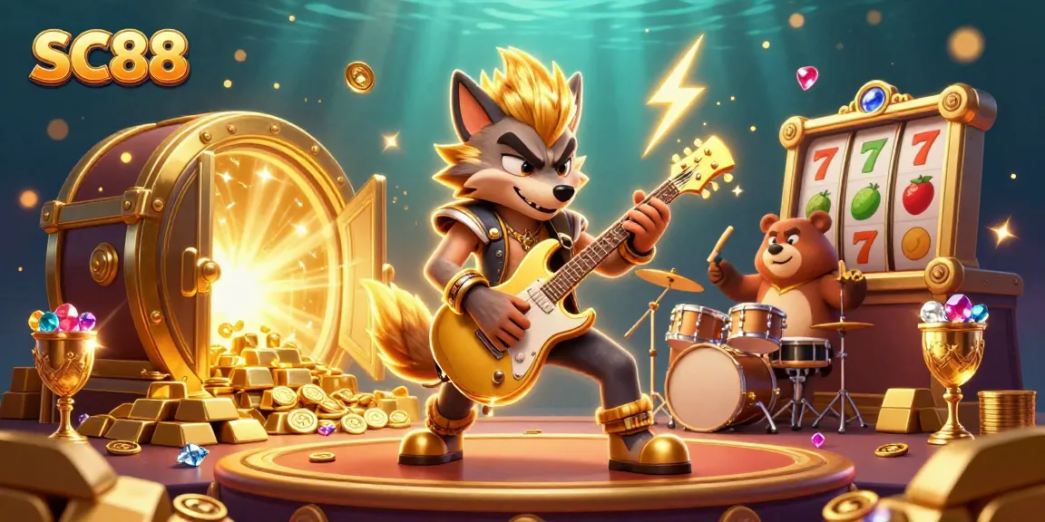 SC88 casino scene featuring a rock star wolf, bright gold treasures, and lively slot elements