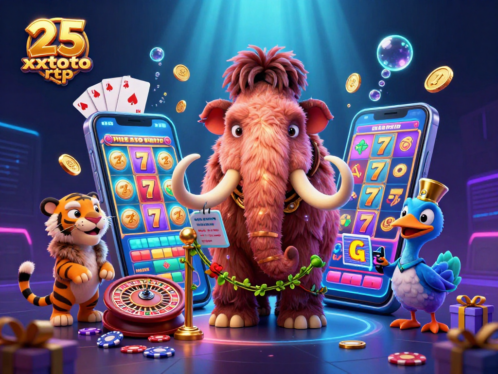 Permainan 25 xxtoto rtp dengan karakter mammoth bouncer, harimau VIP, dan burung dodo di kasino.