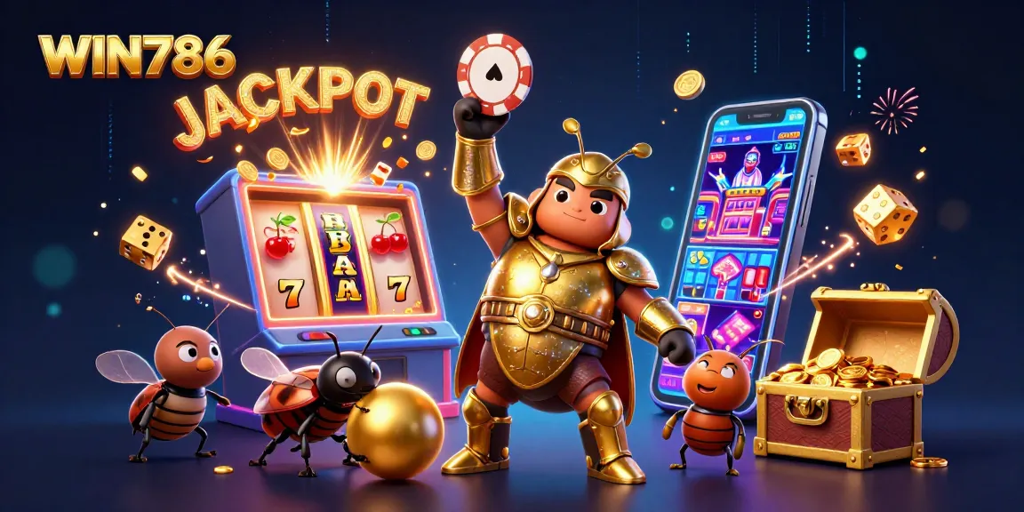 WIN786 presents an exciting 3D casino scene with a herculean beetle celebrating a big win.