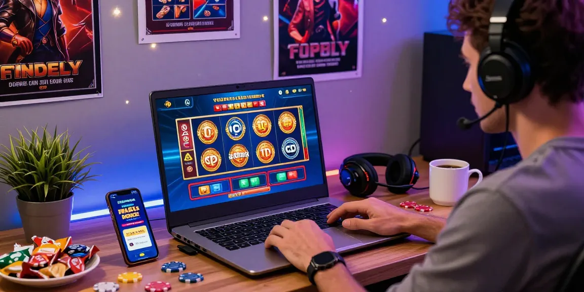 Immersive gaming setup showcasing a player enjoying credit card casinos at dea.org.uk, with laptop displaying vibrant games and snacks nearby.