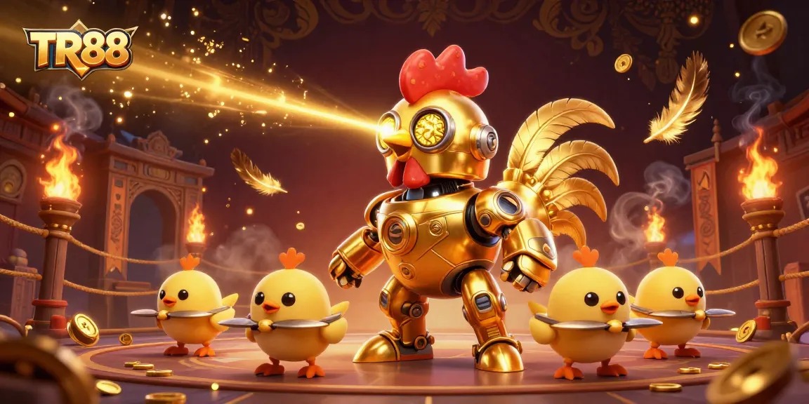 Engage with the exciting TR88 casino experience featuring a golden rooster robot and chick drones.