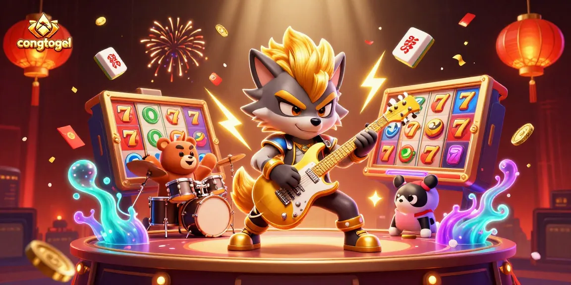 Experience congtogel excitement with a lively 3D scene featuring a rock star wolf and spinning slot reels.