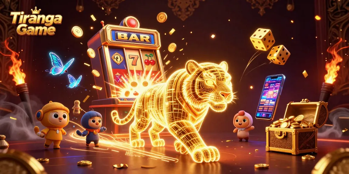Tiranga Game showcases a golden tiger in a dynamic casino world filled with vibrant slot machines and shining prizes.