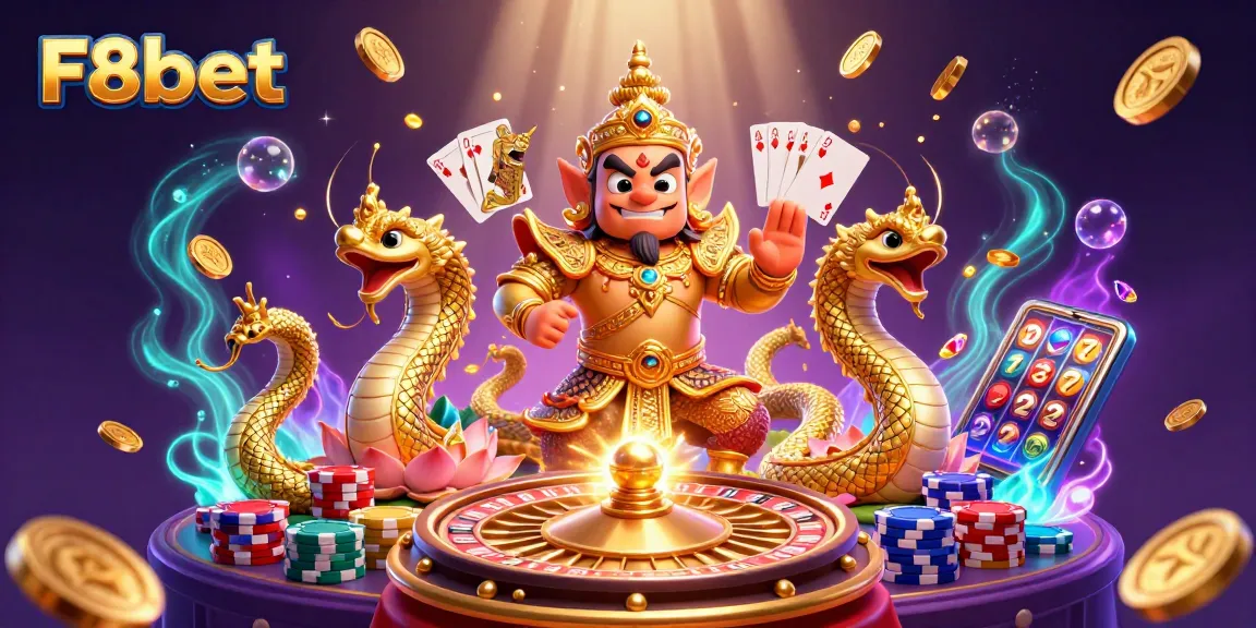 Experience thrilling gameplay with F8bet, highlighting a vibrant 3D casino scene with majestic characters and game elements.