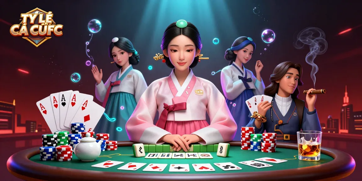 TỶ LỆ CÁ CƯỢC features a serene elegant Asian woman in hanbok at a poker table with dynamic betting elements.