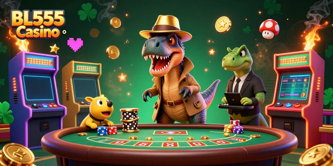 Experience the fun at BL555 Casino with a velociraptor card counter and vibrant gaming elements.