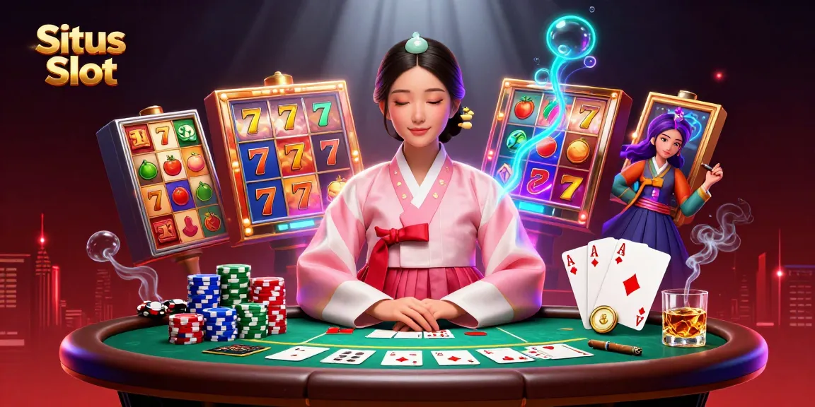 Experience exciting games at Situs Slot with vibrant slot reels, poker chips, and casino elements.