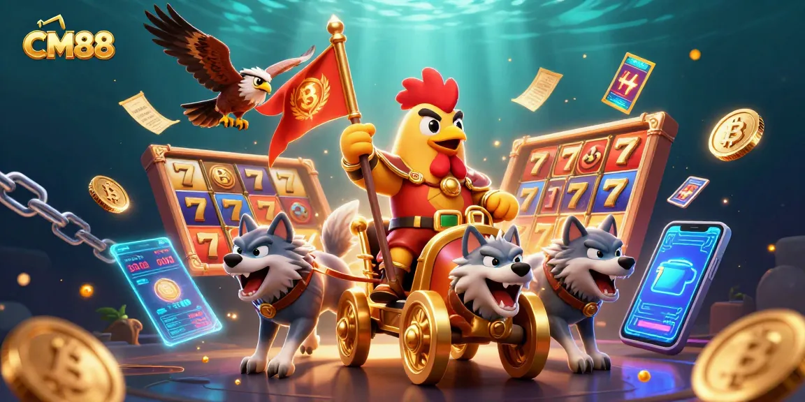 Engage in thrilling slot action with CM88's vibrant 3D casino scene featuring a rooster warlord and enchanting elements.