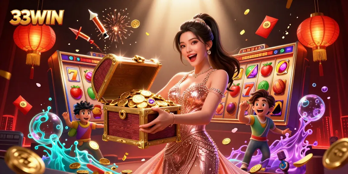 Engage with the 33WIN casino experience featuring a joyful woman revealing treasures within a gold-filled chest