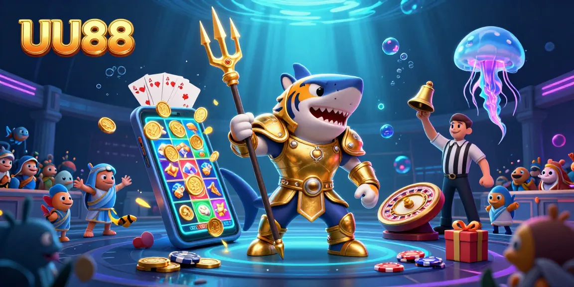 Engage in thrilling games at UU88, featuring a vibrant underwater colosseum with a fierce tiger shark.