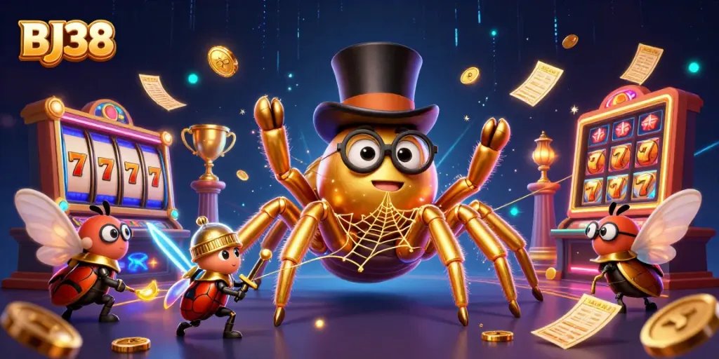 Engage with BJ38 in this lively casino scene featuring a tarantula and beetle knight amidst slot reels and golden rewards.