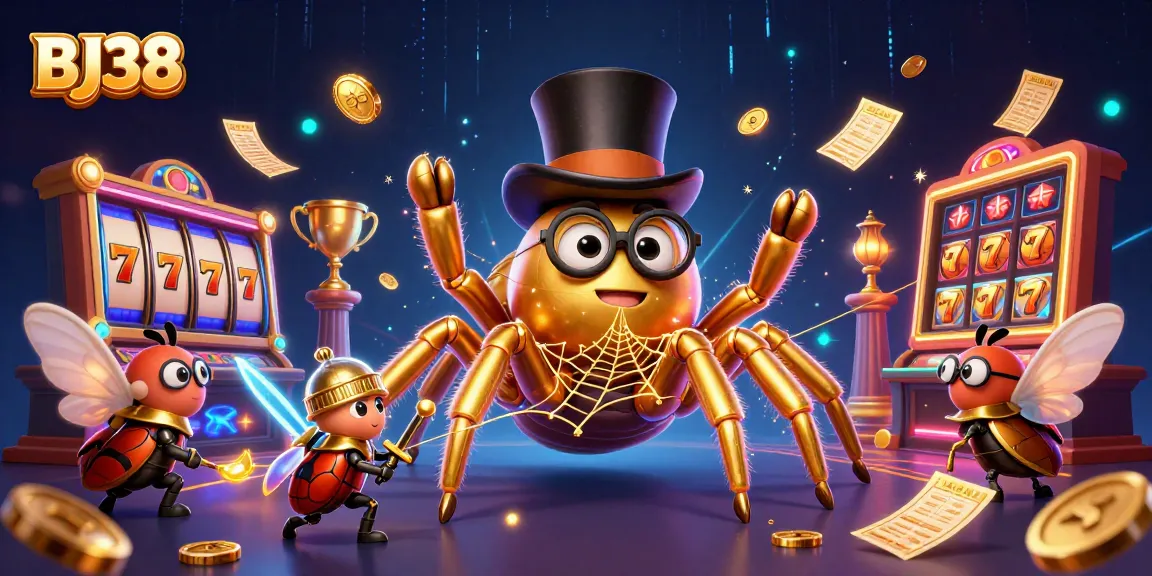 Engage with BJ38 in this lively casino scene featuring a tarantula and beetle knight amidst slot reels and golden rewards.