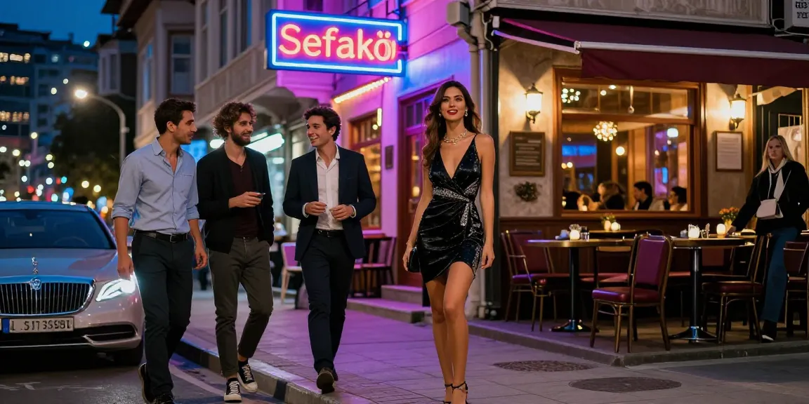 Sefaköy Escort standing confidently in vibrant urban nightlife, exuding elegance.