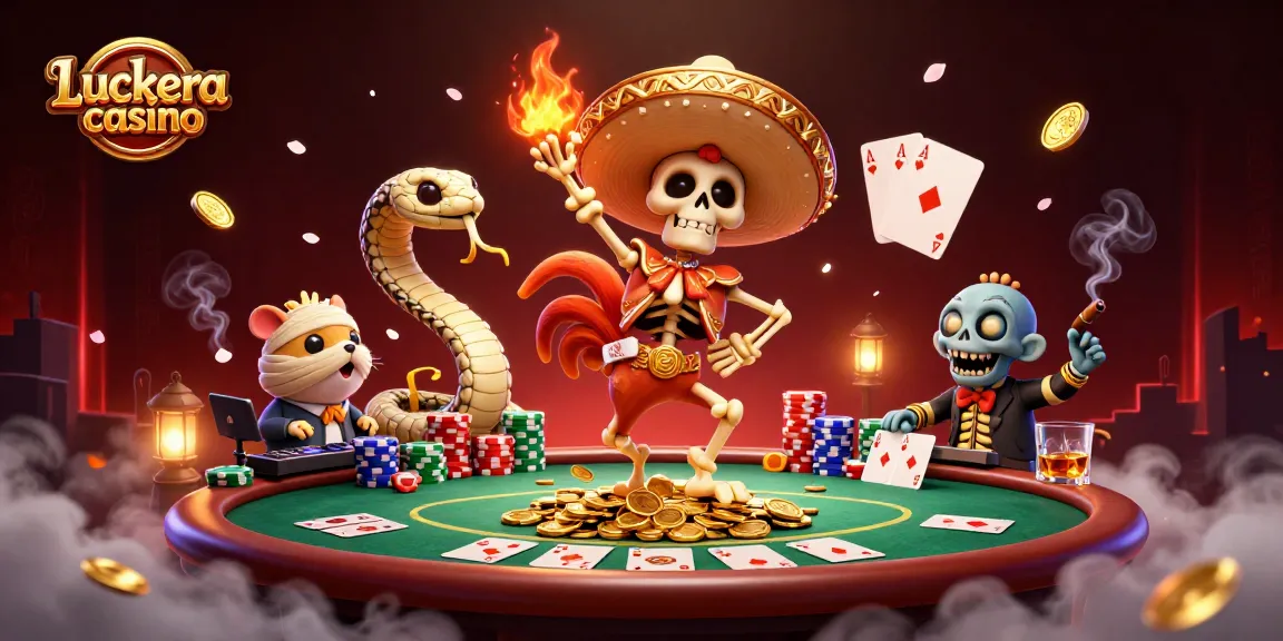 Experience the lively scene at Luckera casino with a dancing mariachi rooster and thrilling poker setup.