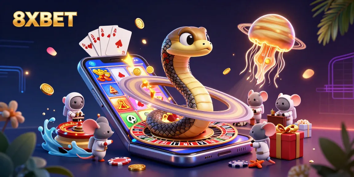 Engage with the thrilling world of 8XBET through an exciting cosmic betting scene featuring cartoon characters.