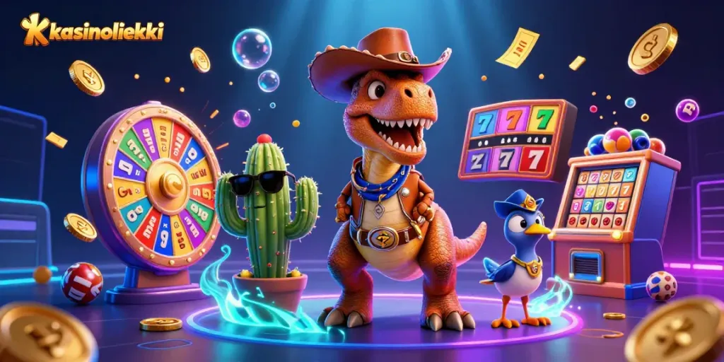 Kasinoliekin slots- ja jackpot-maailman yksityiskohtainen 3D-ilmaisu, jossa on dinohahmo ja kaktusystävä.