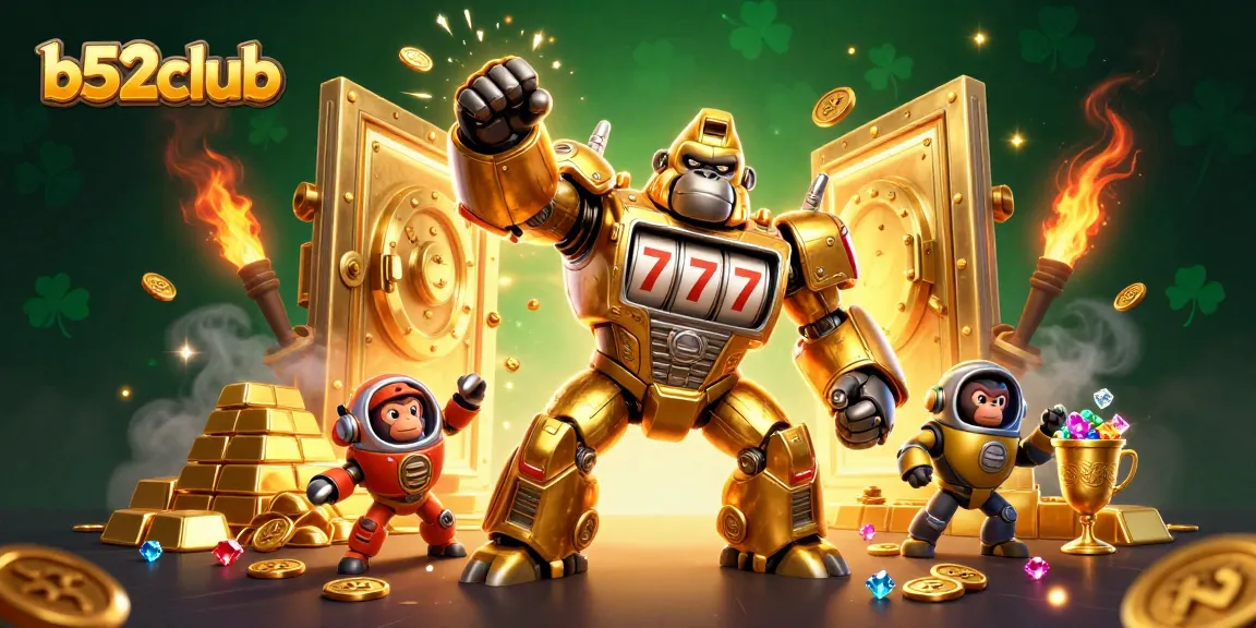 Engage with b52club's exhilarating gaming experience featuring a dynamic golden gorilla mech and treasure.