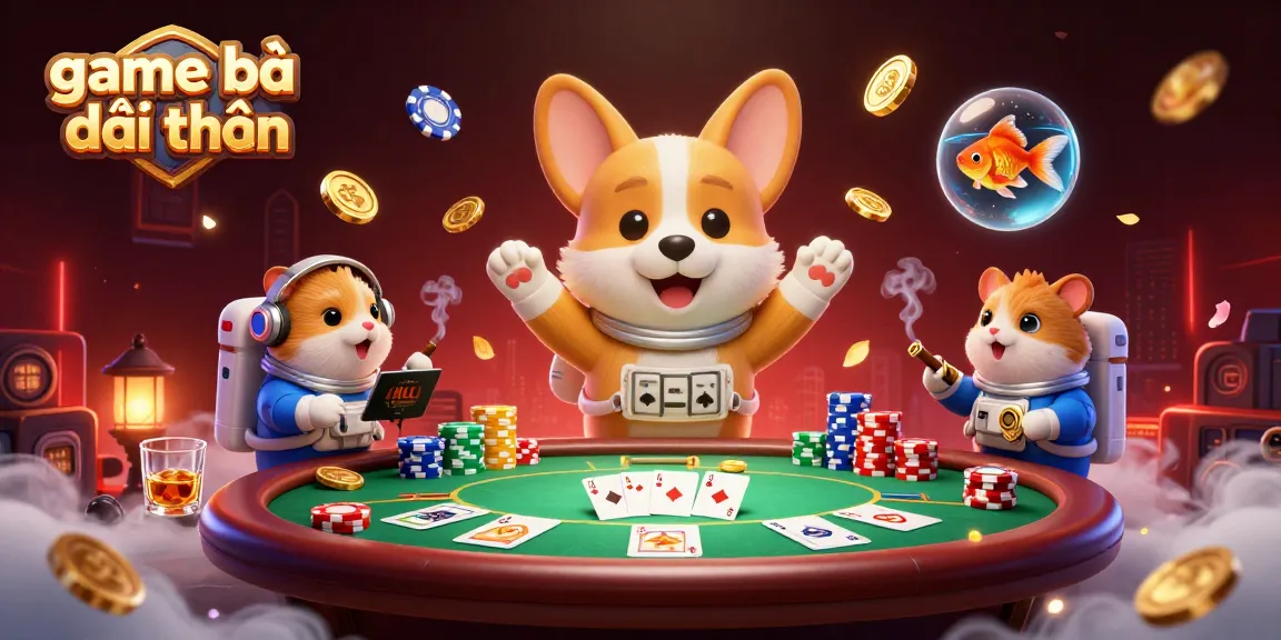 Experience thrilling game bài đổi thưởng with a cartoon astronaut corgi in a zero gravity casino scene.