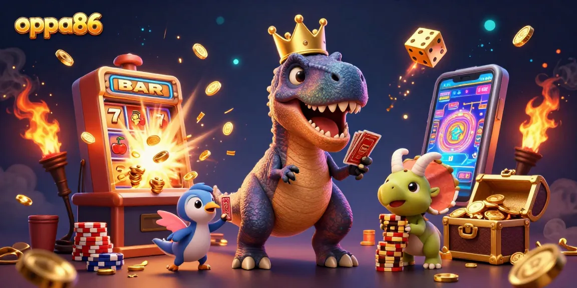 Engage in vibrant casino excitement with oppa86, a T-Rex shuffling cards and vibrant slot machines.