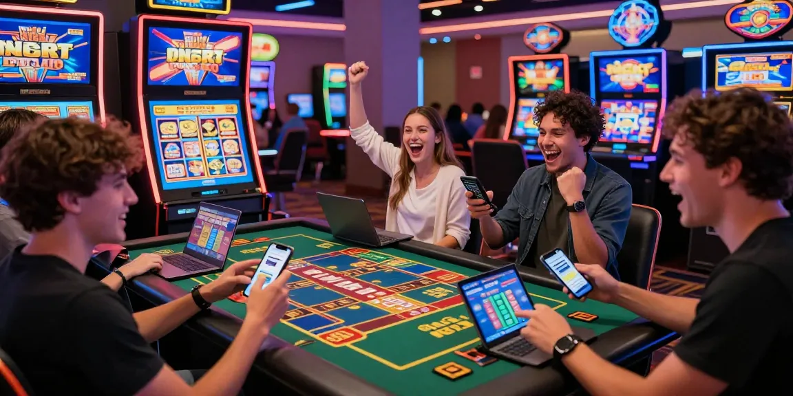 Exciting gameplay at credit card casinos at euf.co.uk with diverse players enjoying slots and live dealers in a vibrant setting.