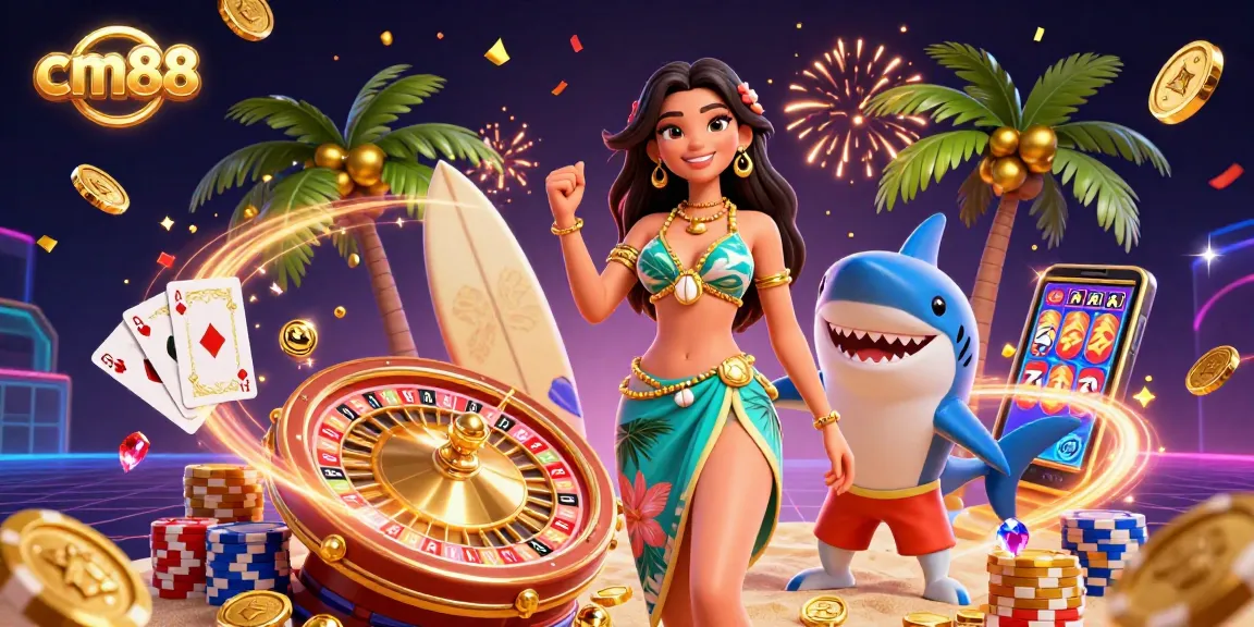 Play exciting games at cm88, featuring a glamorous woman and surfing shark delighting in casino thrills.