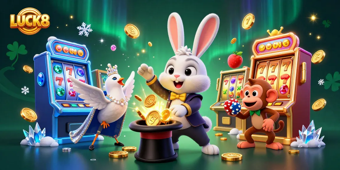 Engage in the excitement of LUCK8 with a 3D illustration of a magician rabbit, dove, and monkey surrounded by vibrant slot elements.