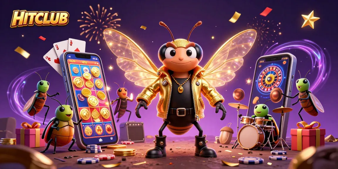 Experience HITCLUB fun with dynamic casino characters and vibrant slot game elements in this engaging illustration.