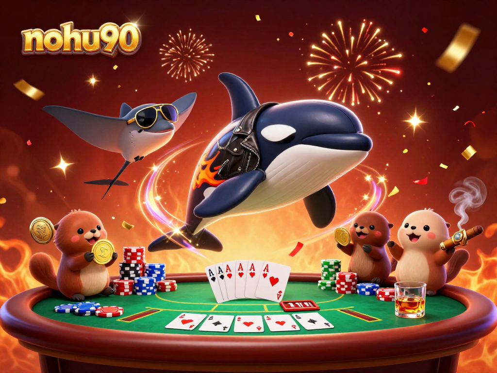 Experience thrilling gameplay with nohu90 as the orca leaps while otters hold golden coins and a stingray watches.