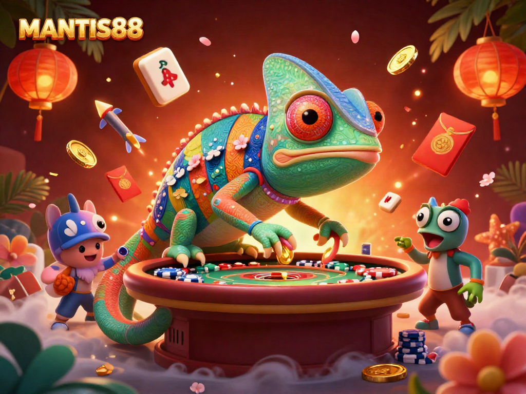 Experience the excitement of MANTIS88 with this vibrant 3D casino illustration depicting a chameleon casino owner in a lively gaming scene.