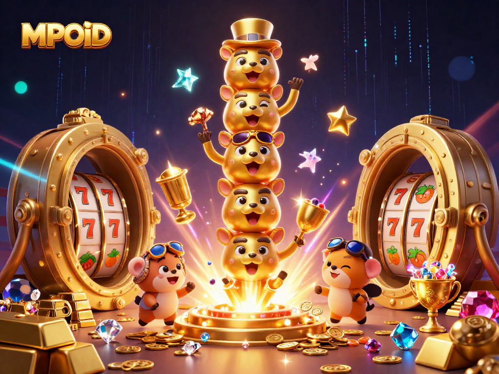 MPOID slots adventure with a 3D totem pole and treasure, showcasing lively game elements.