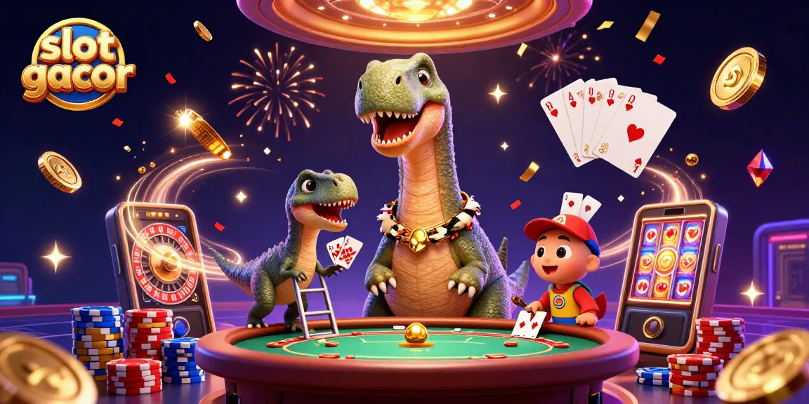 Gim slot gacor menampilkan dinosaur dan raptor di kasino dengan suasana ceria dan banyak koin emas.