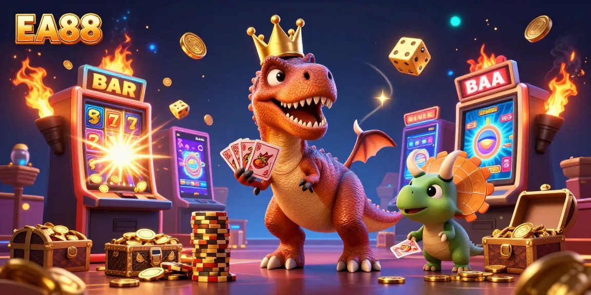 Engage in thrilling casino action with EA88, as friendly dinosaurs shuffle cards and stack chips.