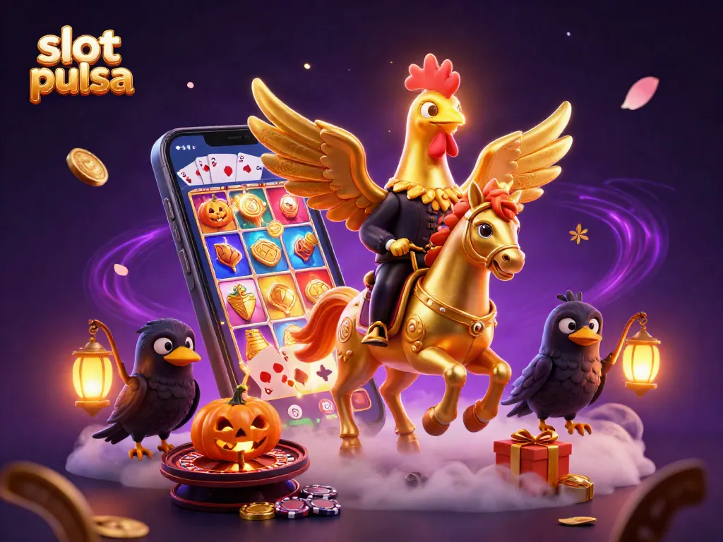 Experience slot pulsa excitement with a golden rooster, spectral horse, and vibrant casino elements.