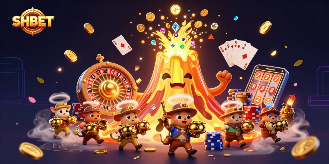 SHBET shines in a vibrant scene of a golden volcano erupting with treasures and dynamic casino elements