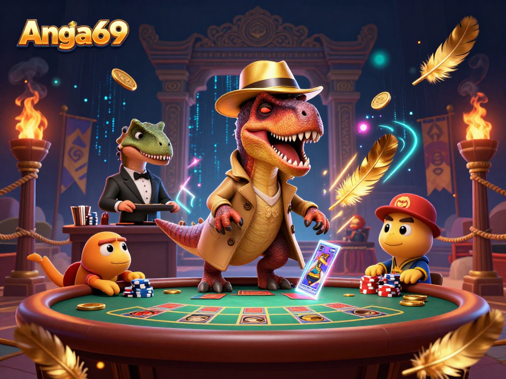 Experience Angka69 with a dynamic 3D scene featuring a velociraptor card counter at a blackjack table, surrounded by vivid casino elements.