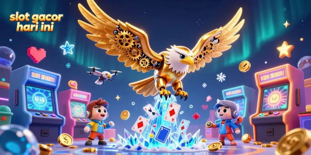 Slot gacor hari ini dengan elang emas futuristik terbang melalui kartu holografis yang gemerlap.