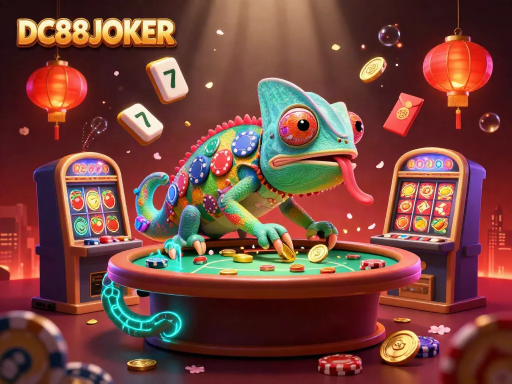 Engage in thrilling casino moments with DC88JOKER, featuring a captivating chameleon casino owner surrounded by vibrant gaming elements.