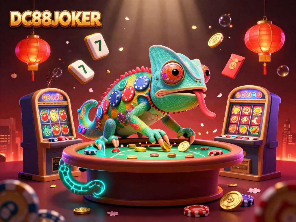 Engage in thrilling casino moments with DC88JOKER, featuring a captivating chameleon casino owner surrounded by vibrant gaming elements.