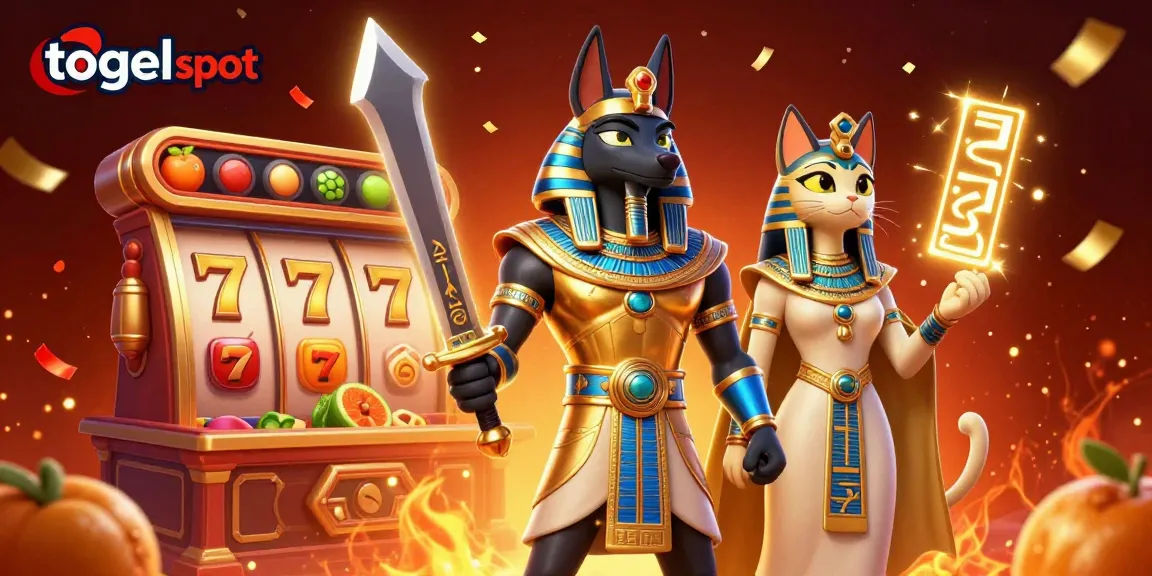 Engage with the vibrant togel slot scene featuring Anubis and Bastet amidst dynamic game elements and festive decorations.