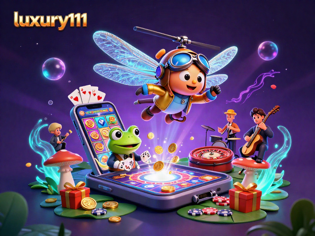 Play exciting games at luxury111 featuring a dragonfly pilot and vibrant casino activities.